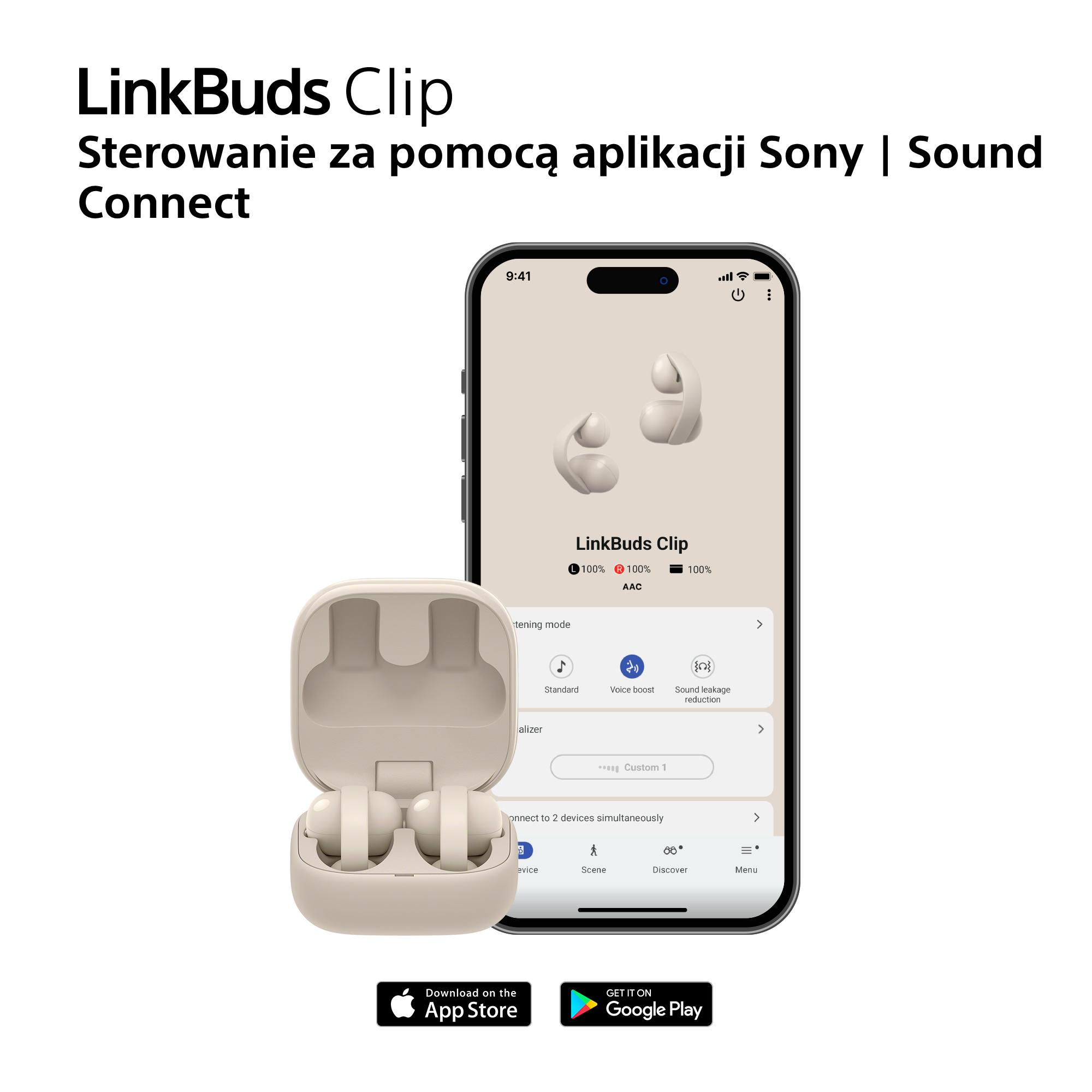 Smartfon wyświetla aplikację Sony LinkBuds Clip ze słuchawkami i etui ładującym.