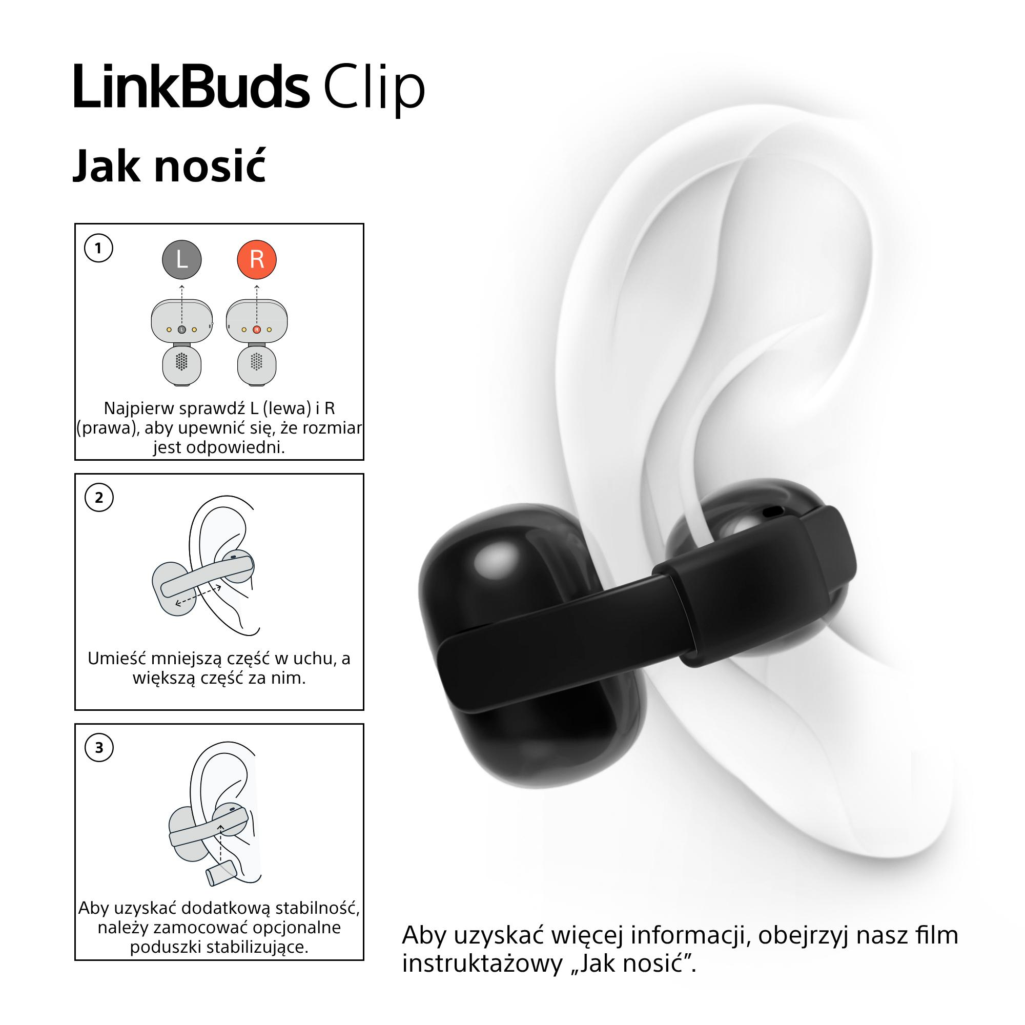 Instrukcja noszenia LinkBuds Clip: Zidentyfikuj L/R, włóż i przymocuj stabilizatory dla pewnego dopasowania.