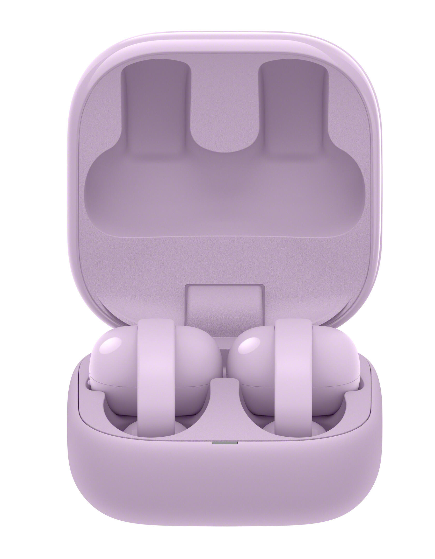Liliowa ładowarka z dwoma bezprzewodowymi słuchawkami w środku.