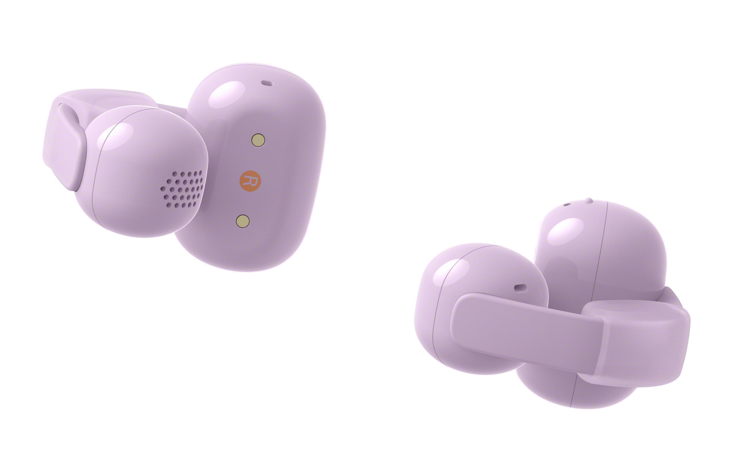 Dwa lawendowe słuchawki bezprzewodowe na białym tle.