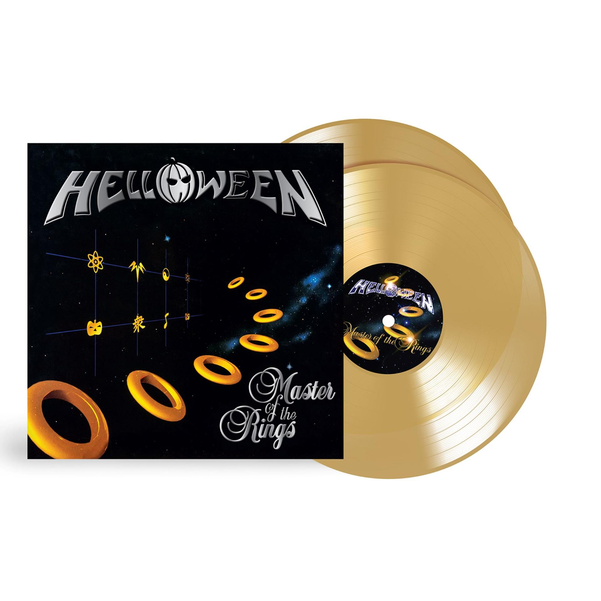 Helloween Master of the Rings Vinyl mit goldenen Schallplatten vor schwarzem Hintergrund.