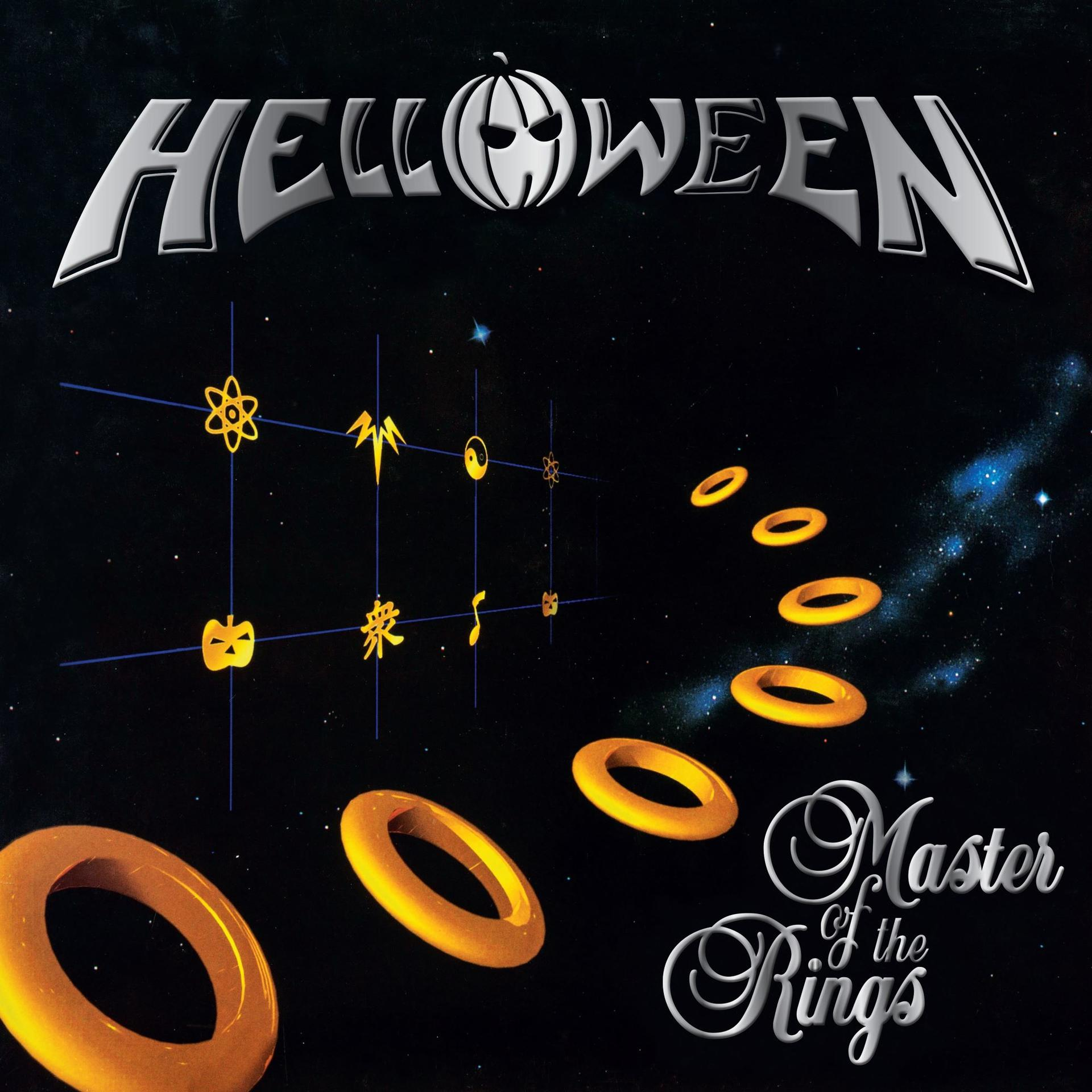 Helloween-Logo über einem Weltraumhintergrund mit leuchtenden Ringen und Symbolen.