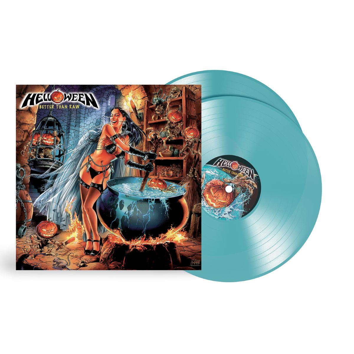 Helloween "Better Than Raw" Albumcover mit einer Hexe, die einen Kessel rührt, und blauen Schallplatten.