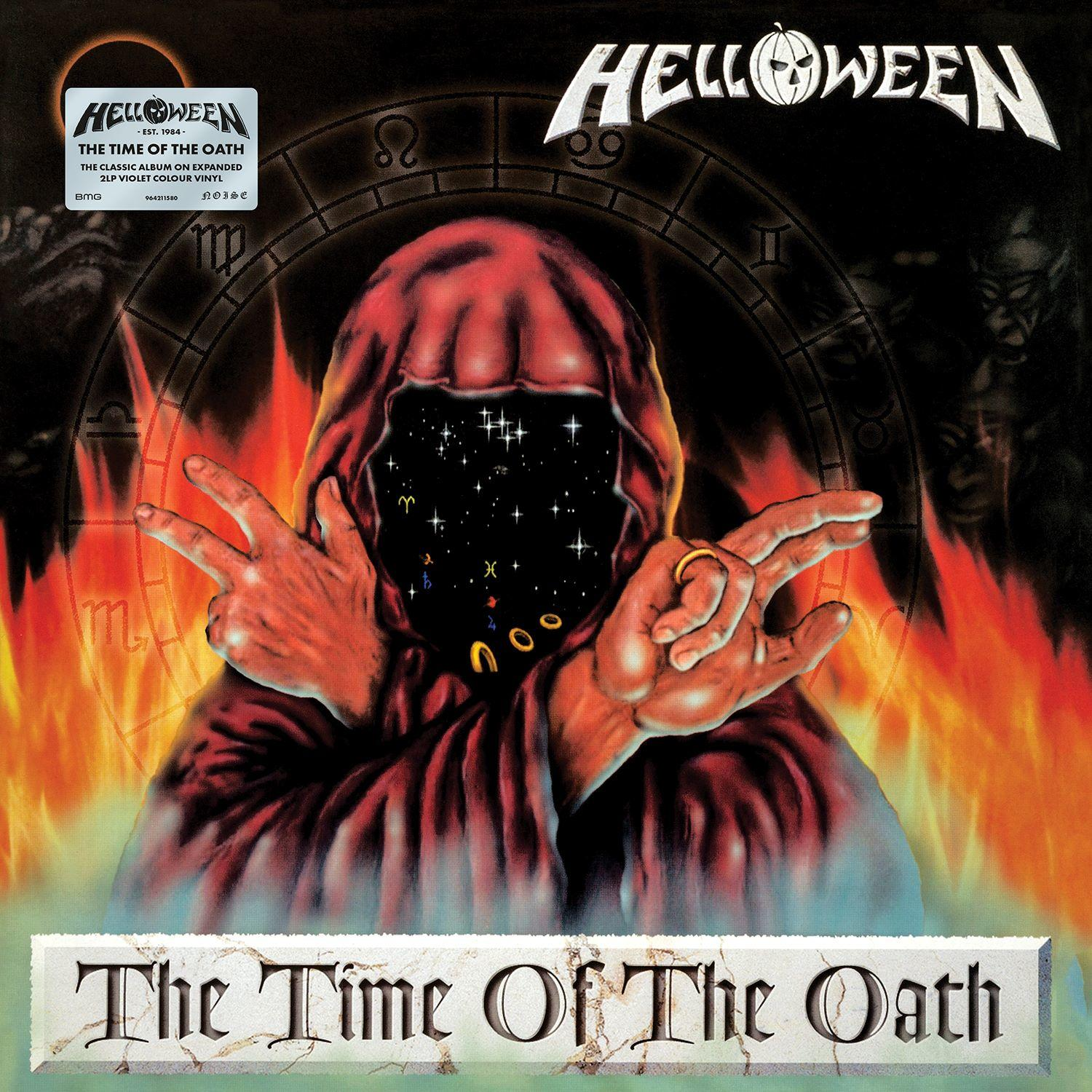 Helloween-Albumcover: gekleidete Figur, Tierkreis, Flammen, Text 'The Time Of The Oath'.