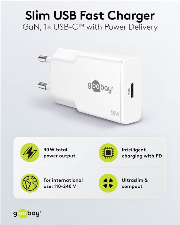 Weißer Goobay USB-C Ladegerät mit 30W, PD, internationalem Einsatz.