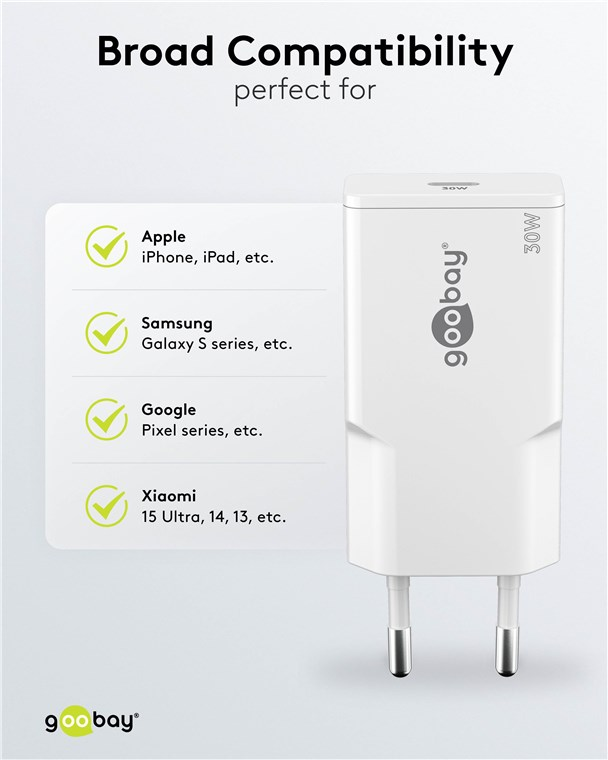 Weißer 30W Goobay Ladestecker mit breiter Kompatibilität für Apple, Samsung, Google, Xiaomi.