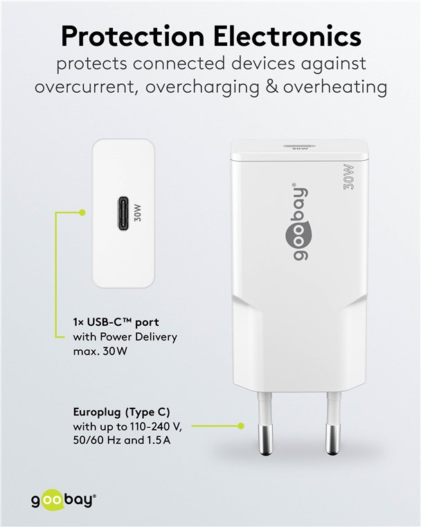 Weißer Goobay USB-C-Ladegerät mit 30W und Eurostecker. Schützt Geräte.