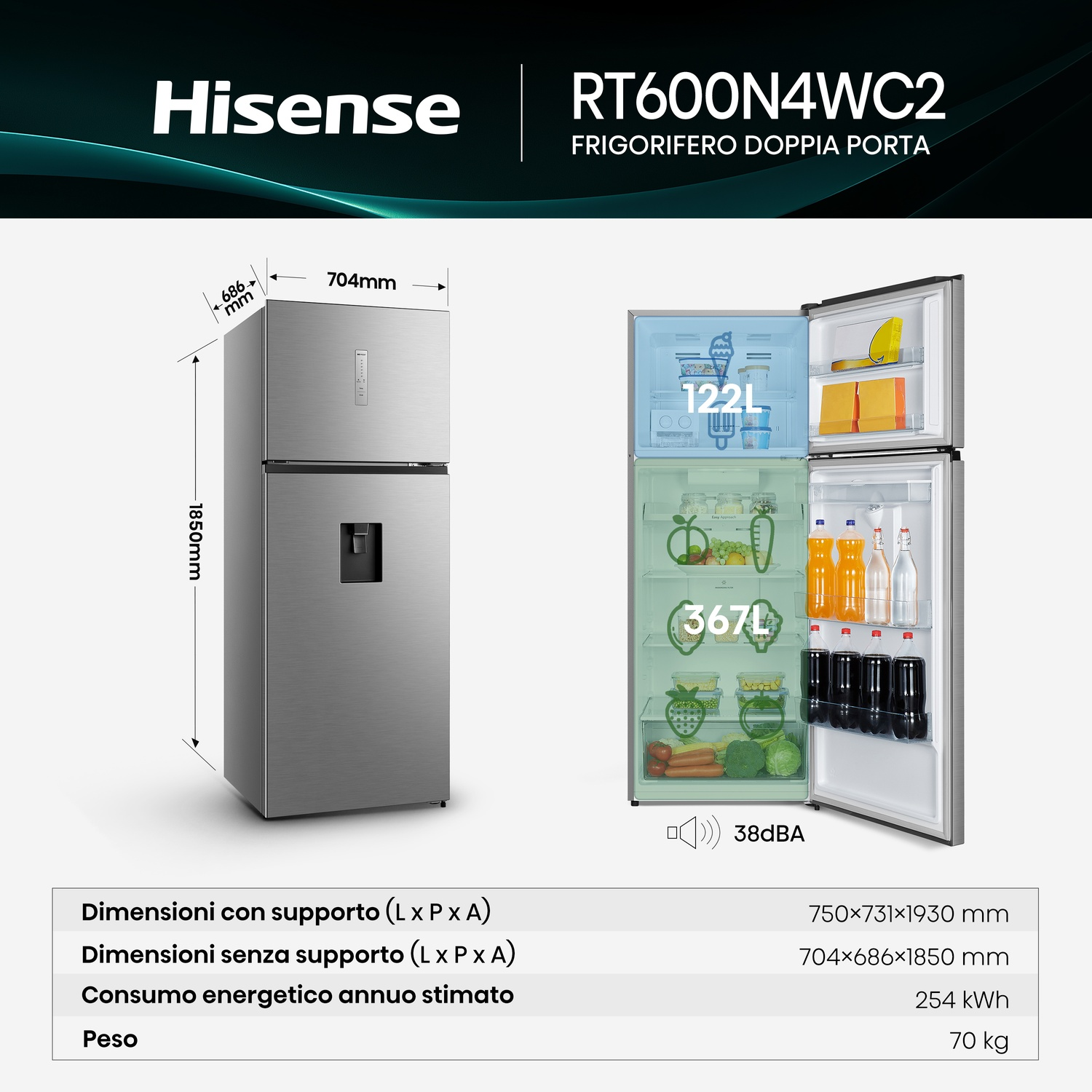 Frigorifero Hisense RT600N4WC2 doppia porta, dimensioni 704x686x1850mm.