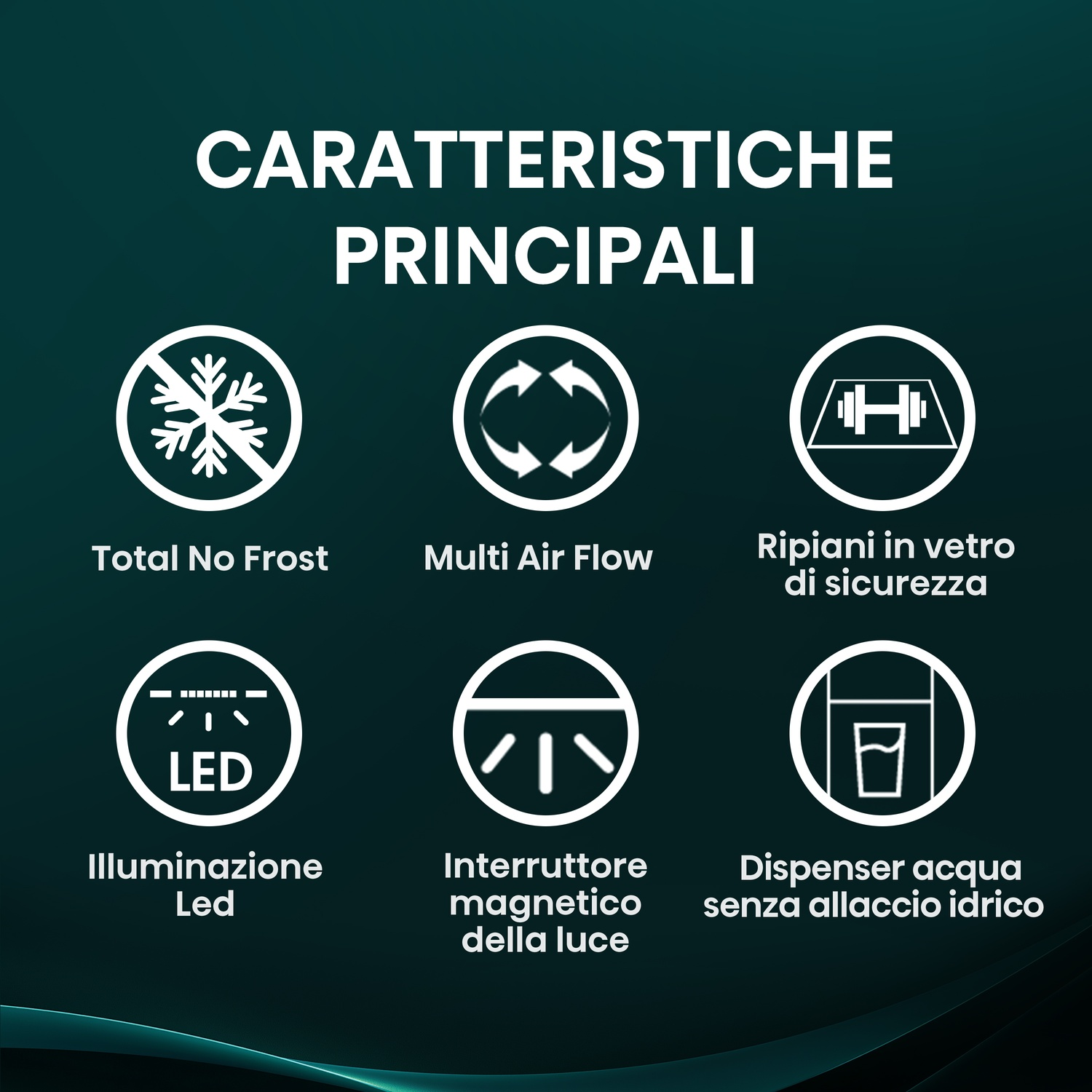 Icone: Total No Frost, Multi Air Flow, ripiani in vetro, LED, interruttore luce, dispenser acqua.