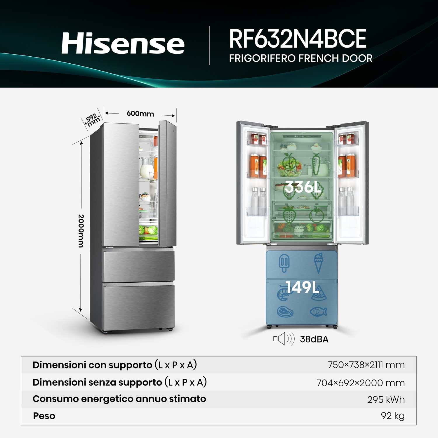 Frigo Hisense RF632N4BCE: 200x60x59.2cm, 336L sopra, 149L sotto.