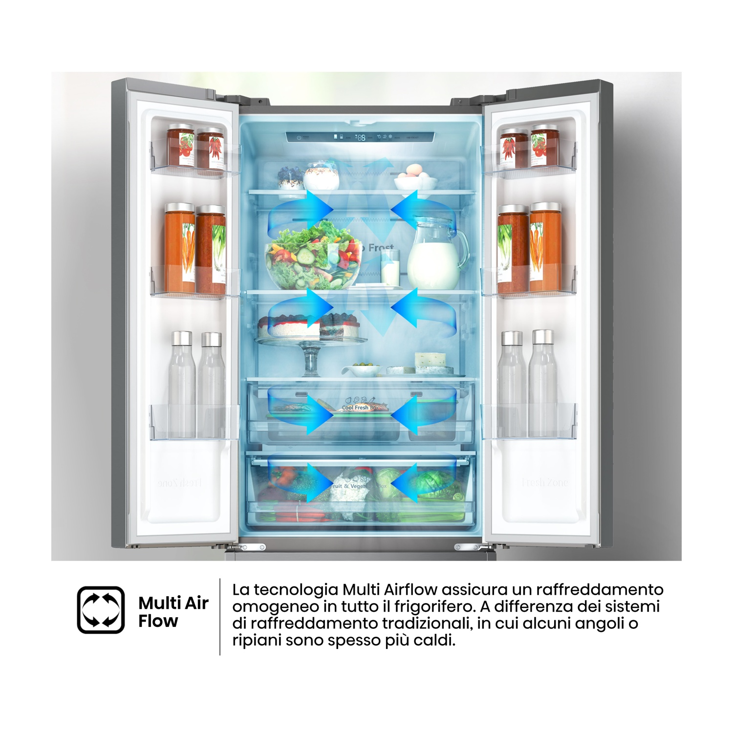 Frigorifero aperto con cibo e frecce di flusso d'aria. Tecnologia Multi Air Flow.