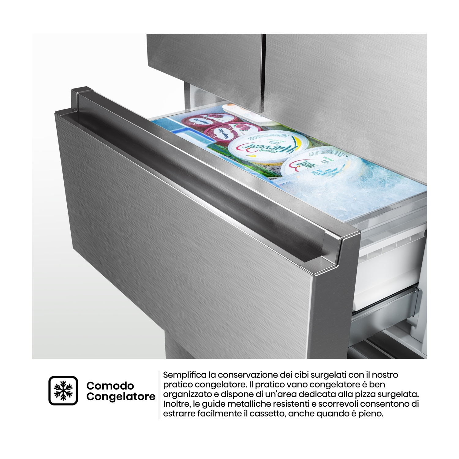 Un cassetto del congelatore con contenitori Haagen-Dazs e ghiaccio.