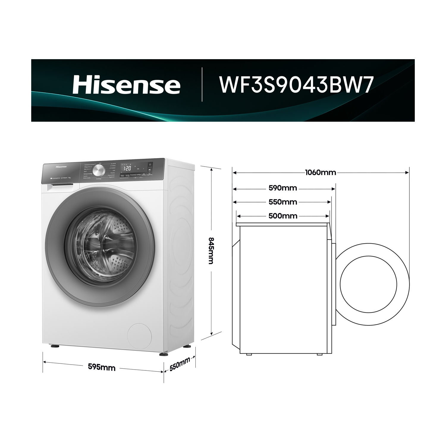 Lavatrice Hisense bianca WF3S9043BW7 con dimensioni.