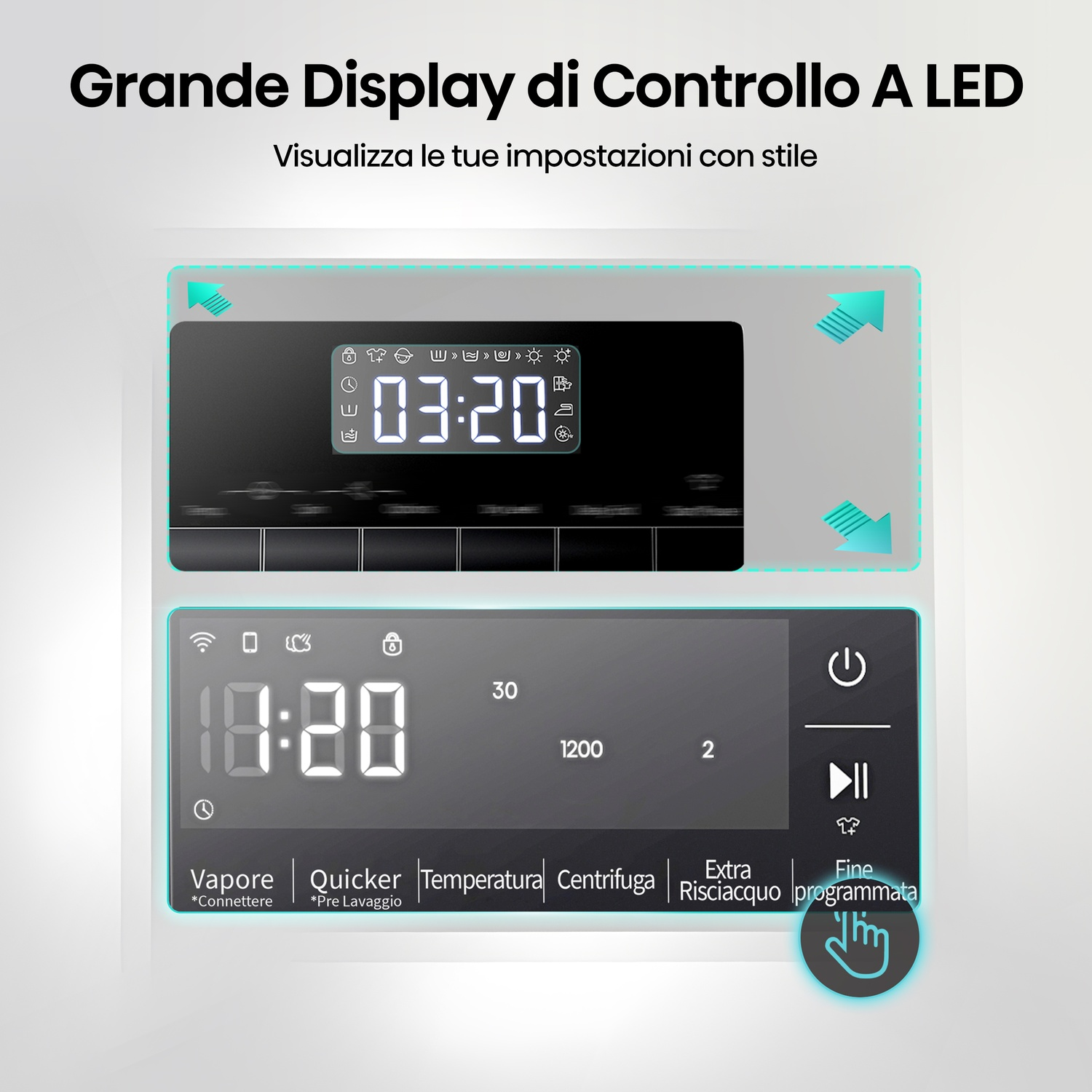 Pannello di controllo LED con ora e opzioni programma.