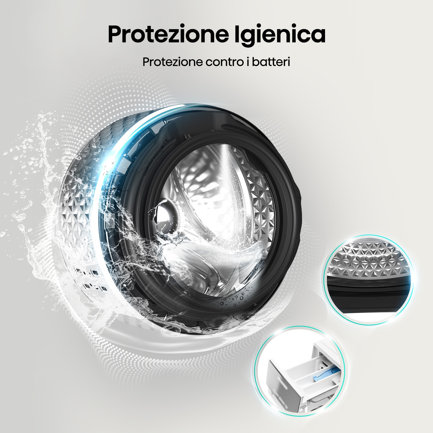 Oblò lavatrice con schizzi d'acqua. Dettagli del motivo del cestello e del cassetto.