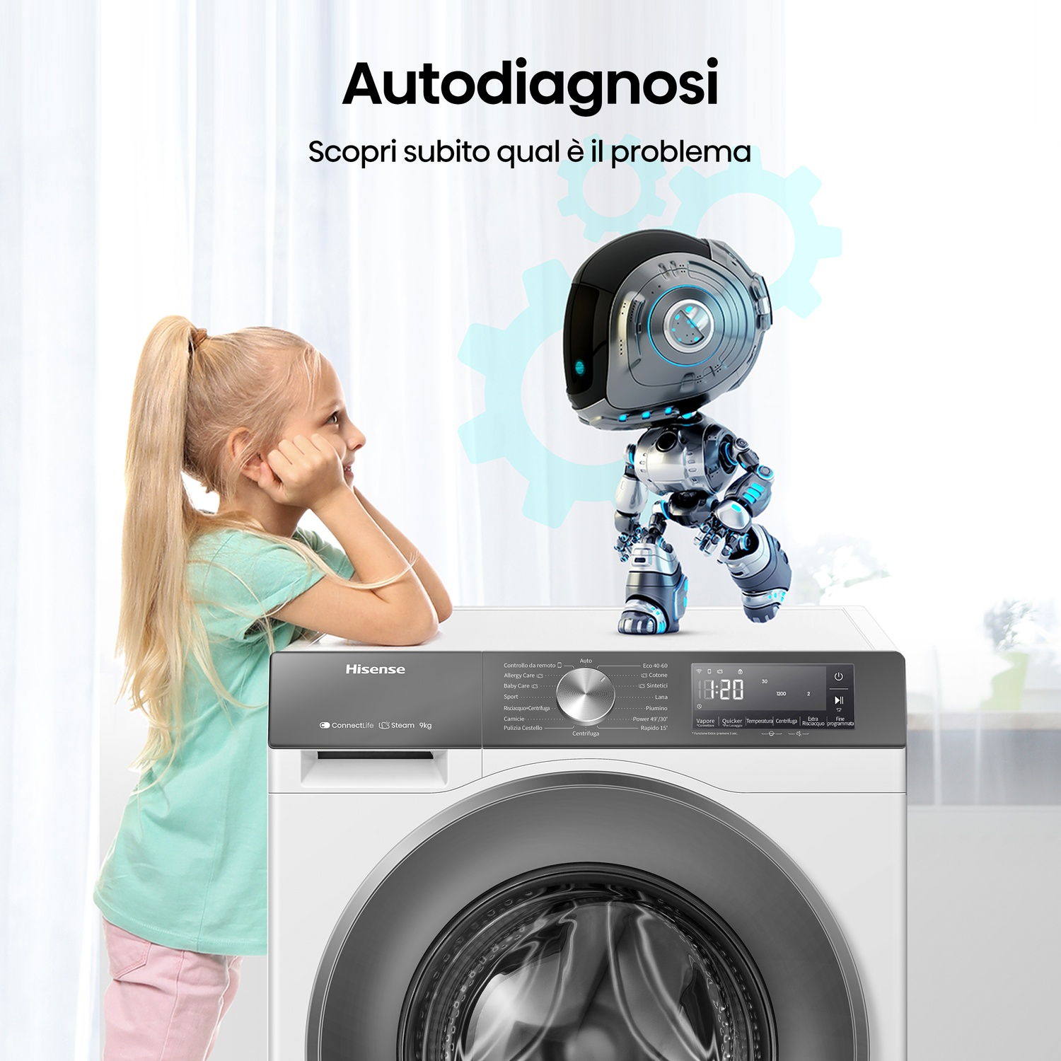 Una bambina guarda una lavatrice con un robot sopra. Testo sull'autodiagnosi.
