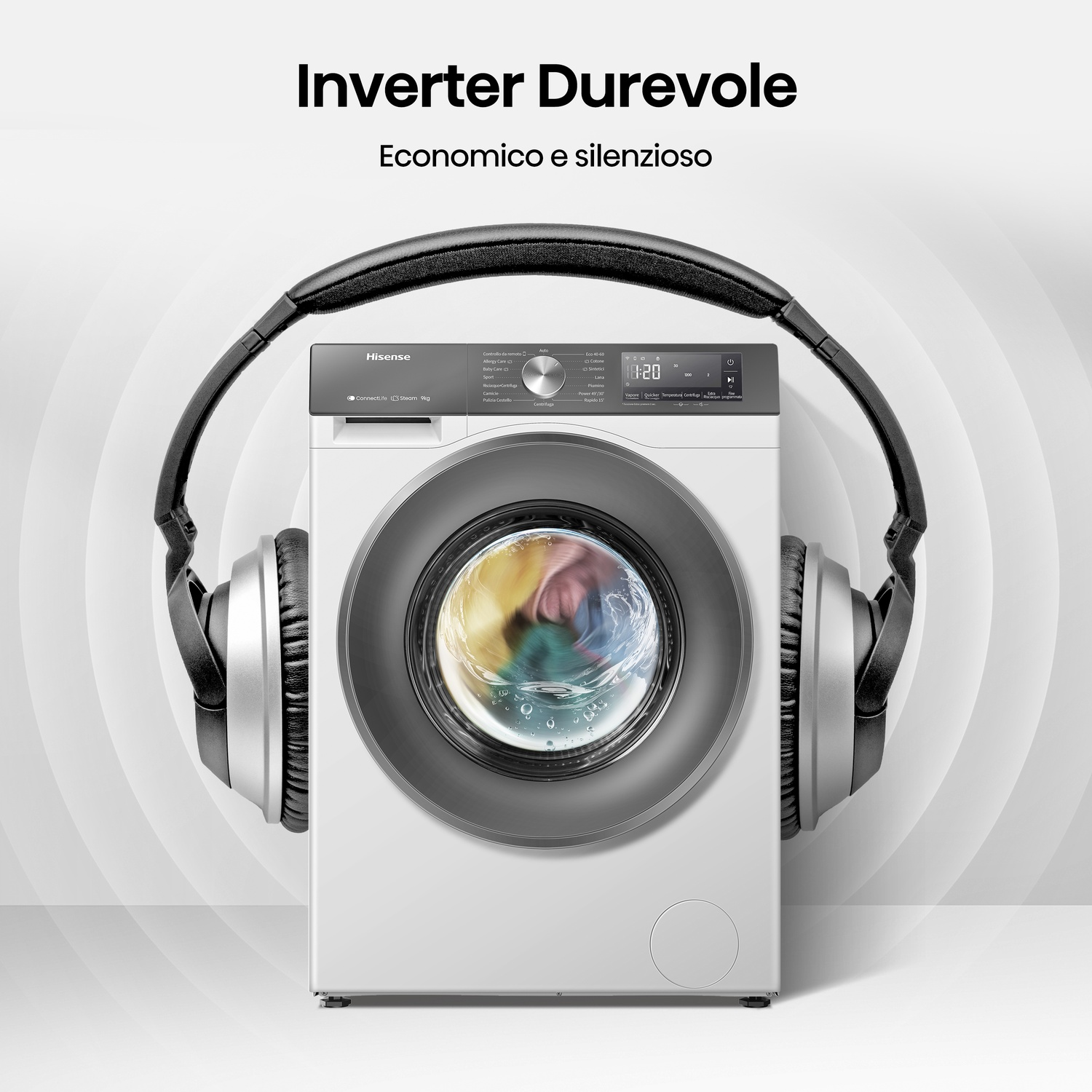 Una lavatrice bianca con cuffie, mostra "18:28" sul display.