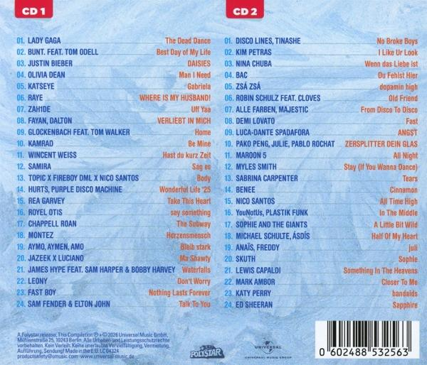 Doppelalbum-Cover mit Songlisten für CD 1 und CD 2, Barcode und Logos.