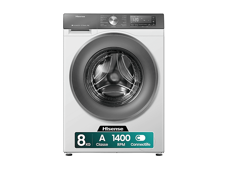 HISENSE WF3S8043BW7 LAVATRICE, Caricamento frontale, 8 kg, 15 programmi, Profondità 51 cm, Giri 1400 rpm, livello rumorosità centrifuga 72 dB(A), Classe A