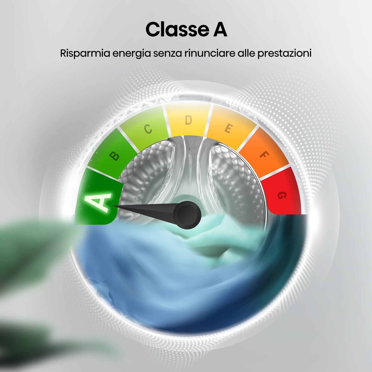 Indicatore di efficienza energetica lavatrice, Classe A. "Risparmia energia senza rinunciare alle prestazioni."