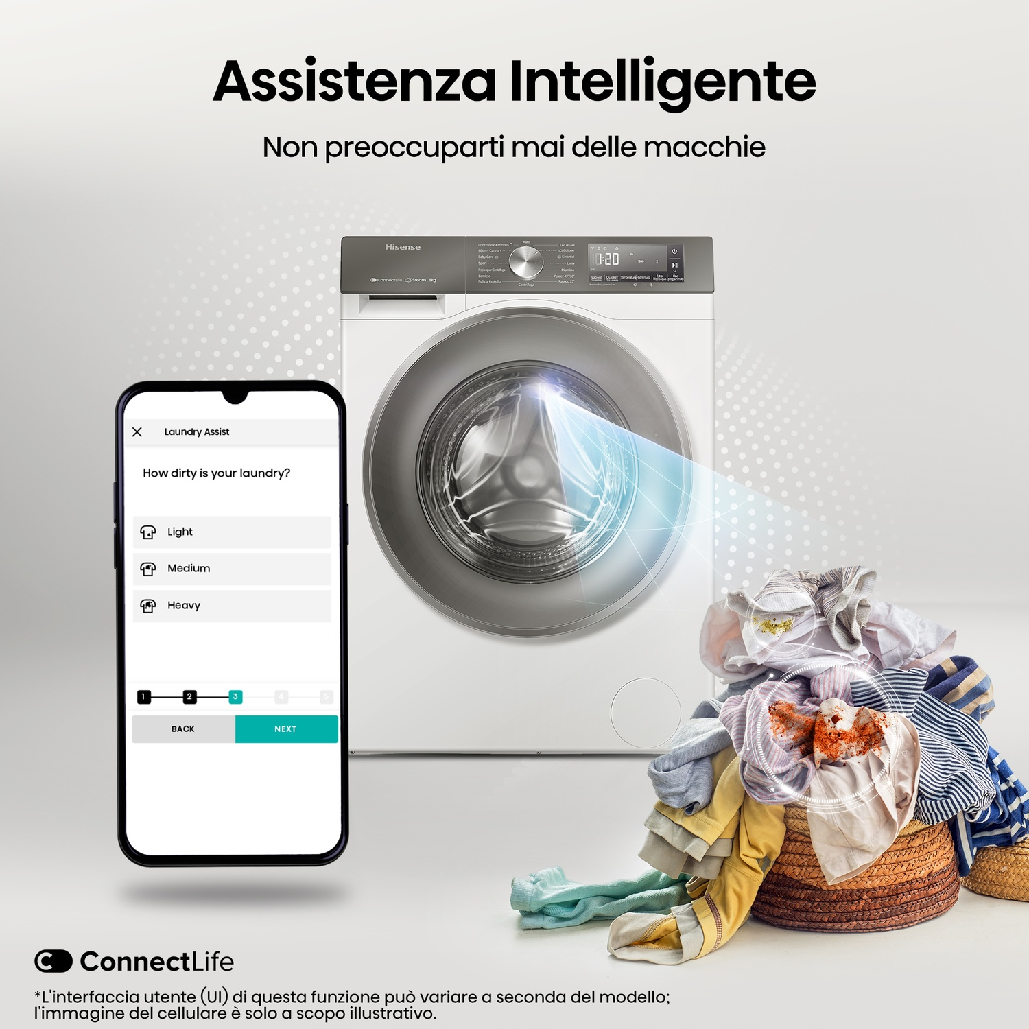 Lavatrice con interfaccia app per smartphone e cesto di biancheria. Assistenza intelligente.