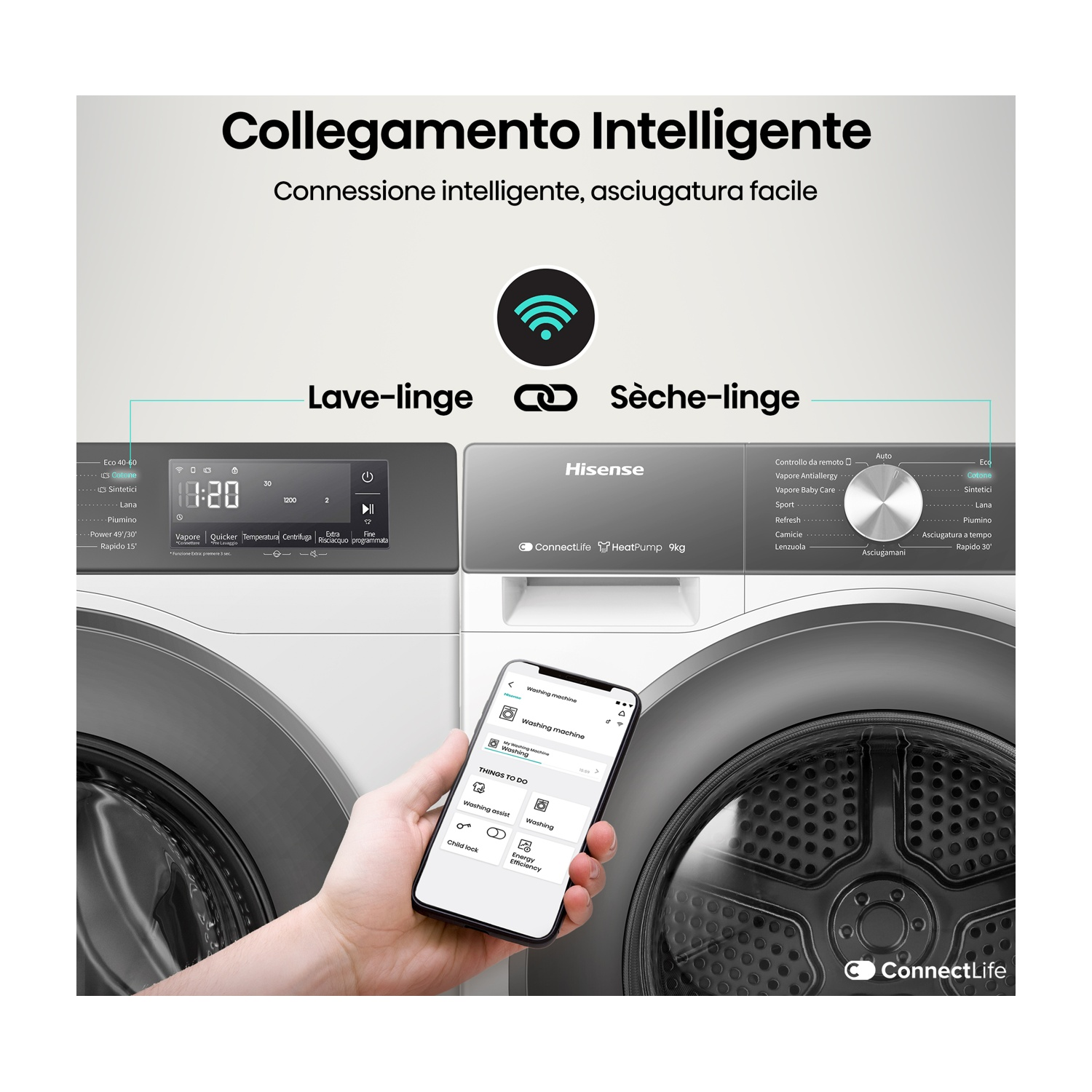 Una mano tiene uno smartphone davanti a una lavatrice e asciugatrice.