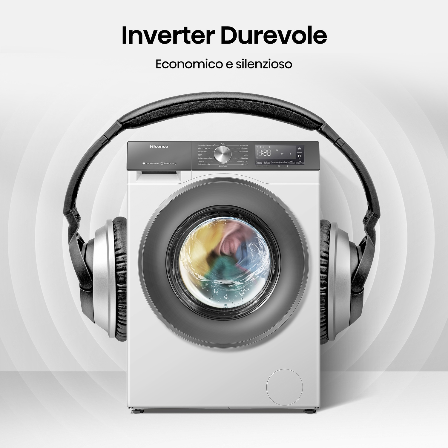 Una lavatrice bianca indossa cuffie, con testo 'Inverter Durevole'.
