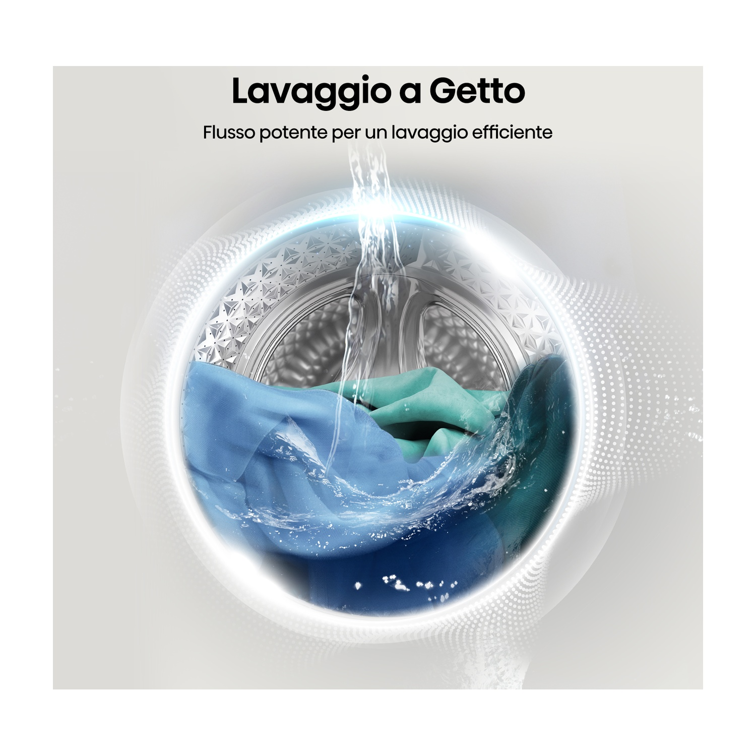 Un getto d'acqua lava panni blu e verdi in una lavatrice.