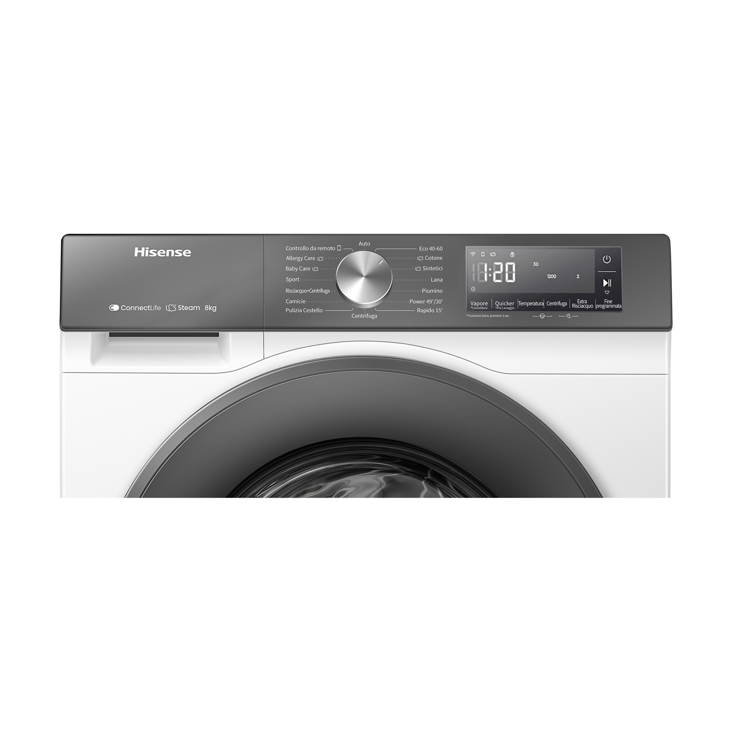 Pannello di controllo lavatrice Hisense con selezione programmi e display digitale.
