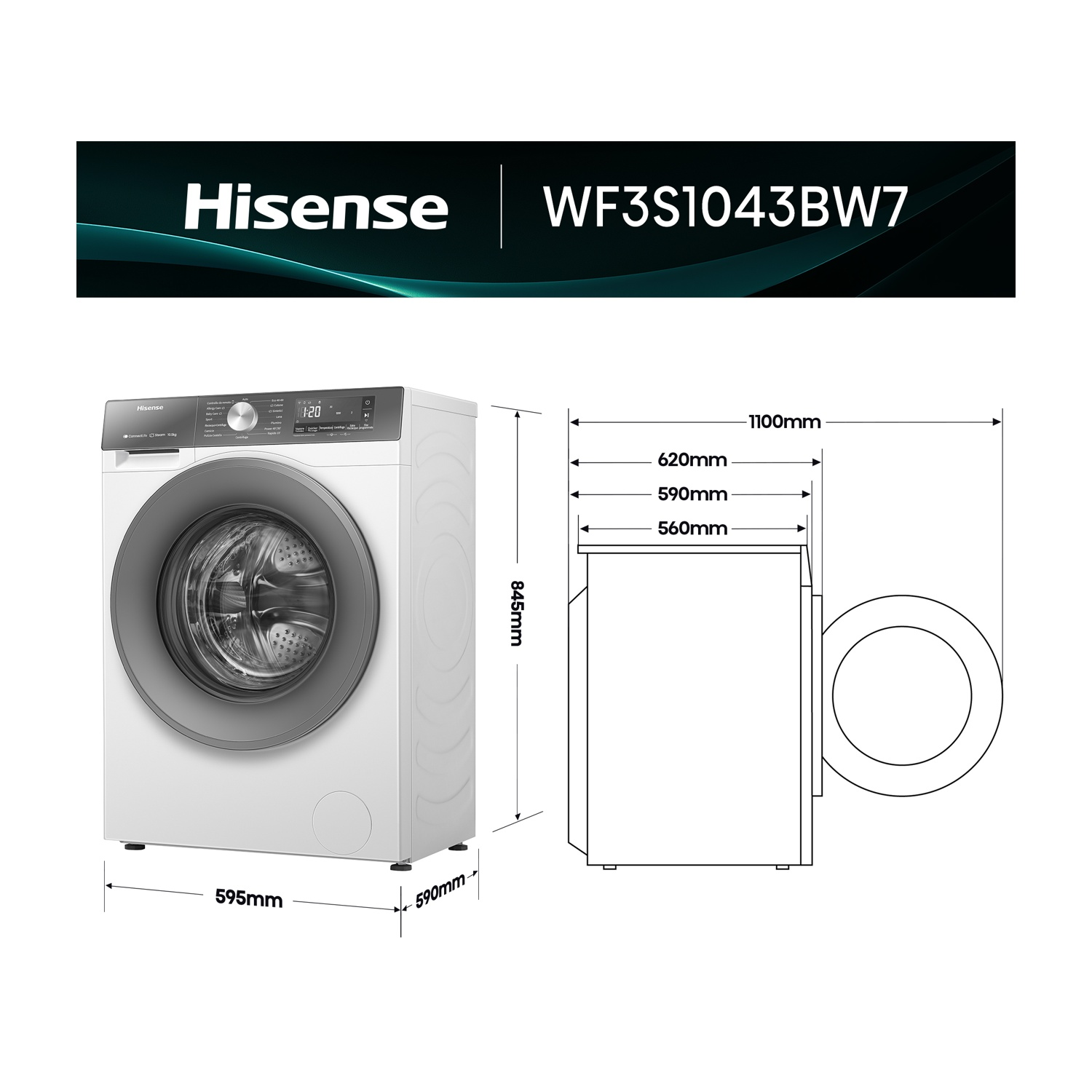Lavatrice Hisense bianca WF3S1043BW7 con dimensioni e viste.