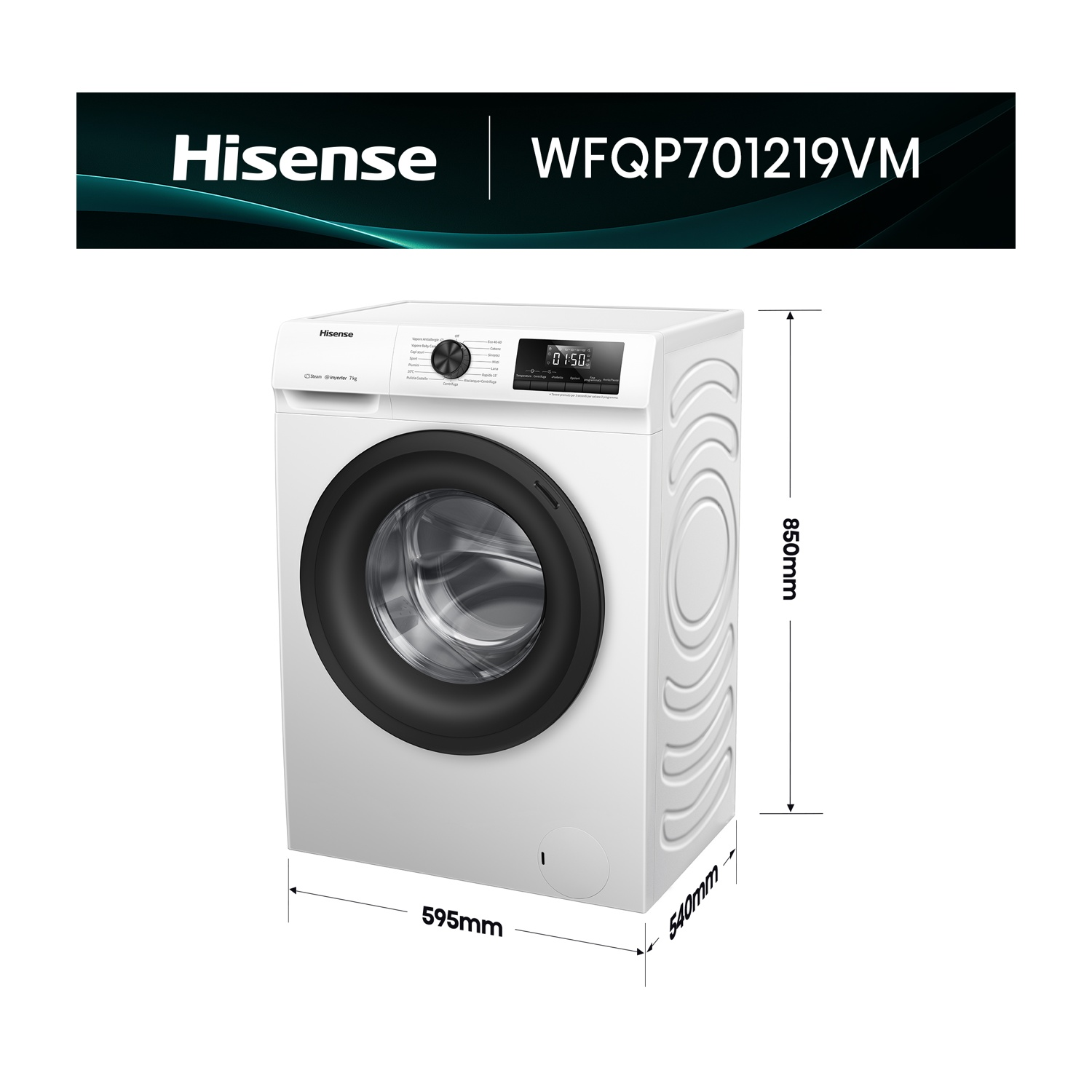 Lavatrice Hisense bianca con oblò e display neri. Dimensioni indicate.