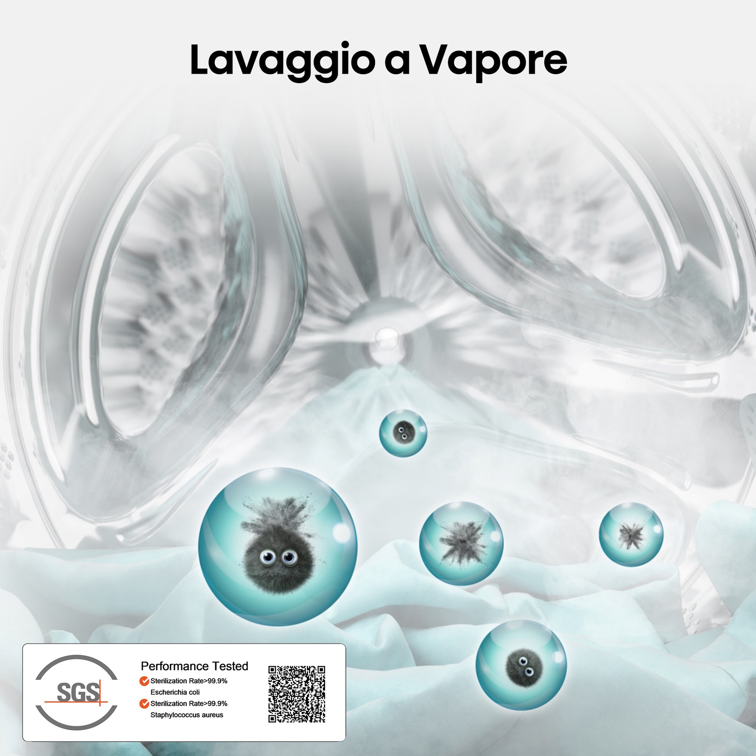 Lavaggio a vapore con bolle blu che mostrano batteri e rapporto SGS.