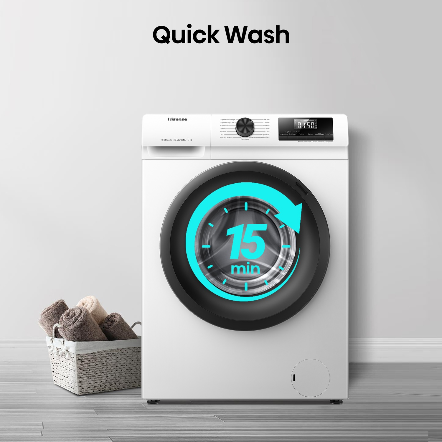 Lavatrice Hisense bianca con testo "Quick Wash" e icona 15 minuti.