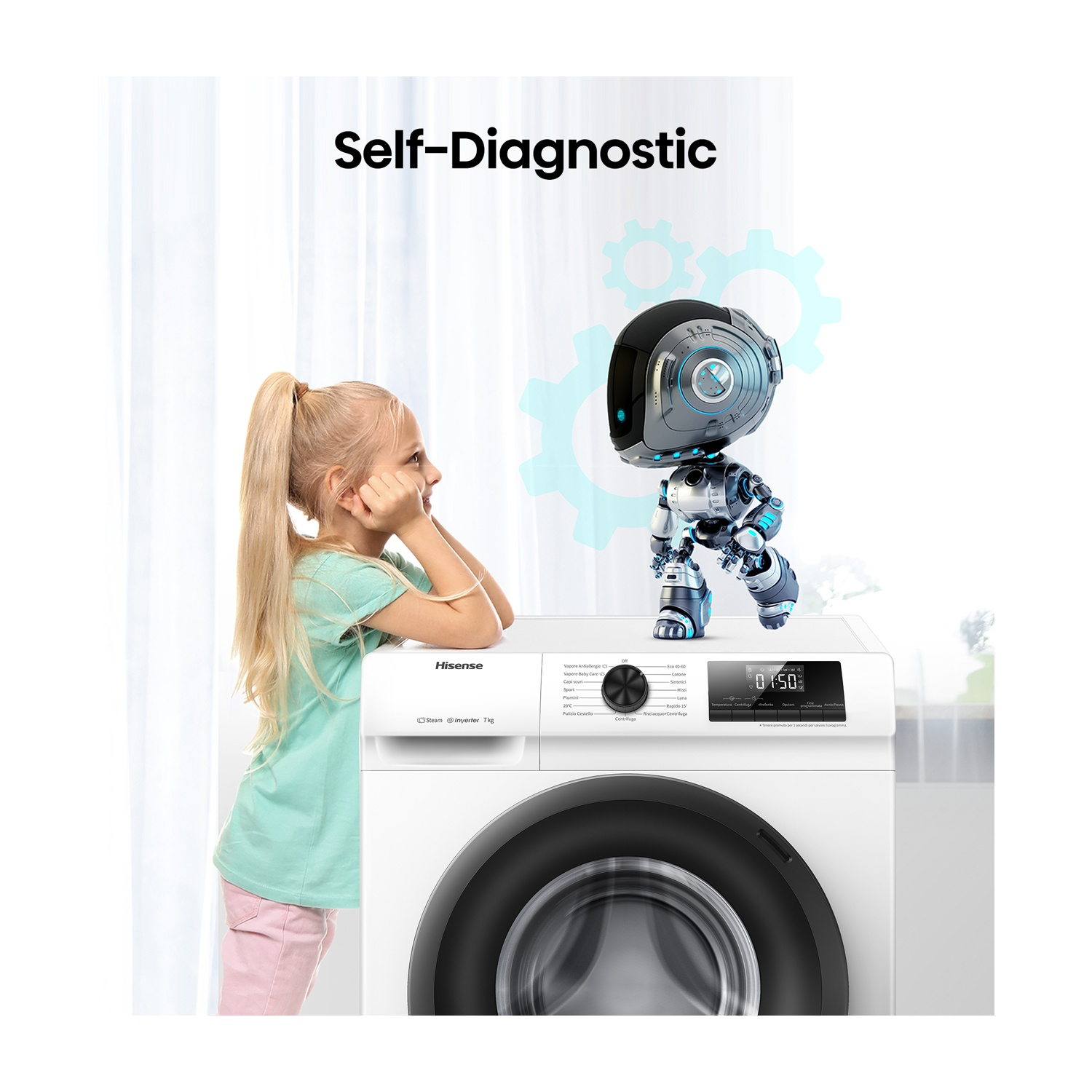 Una bambina guarda una lavatrice con un robot. Testo: Autodiagnosi.