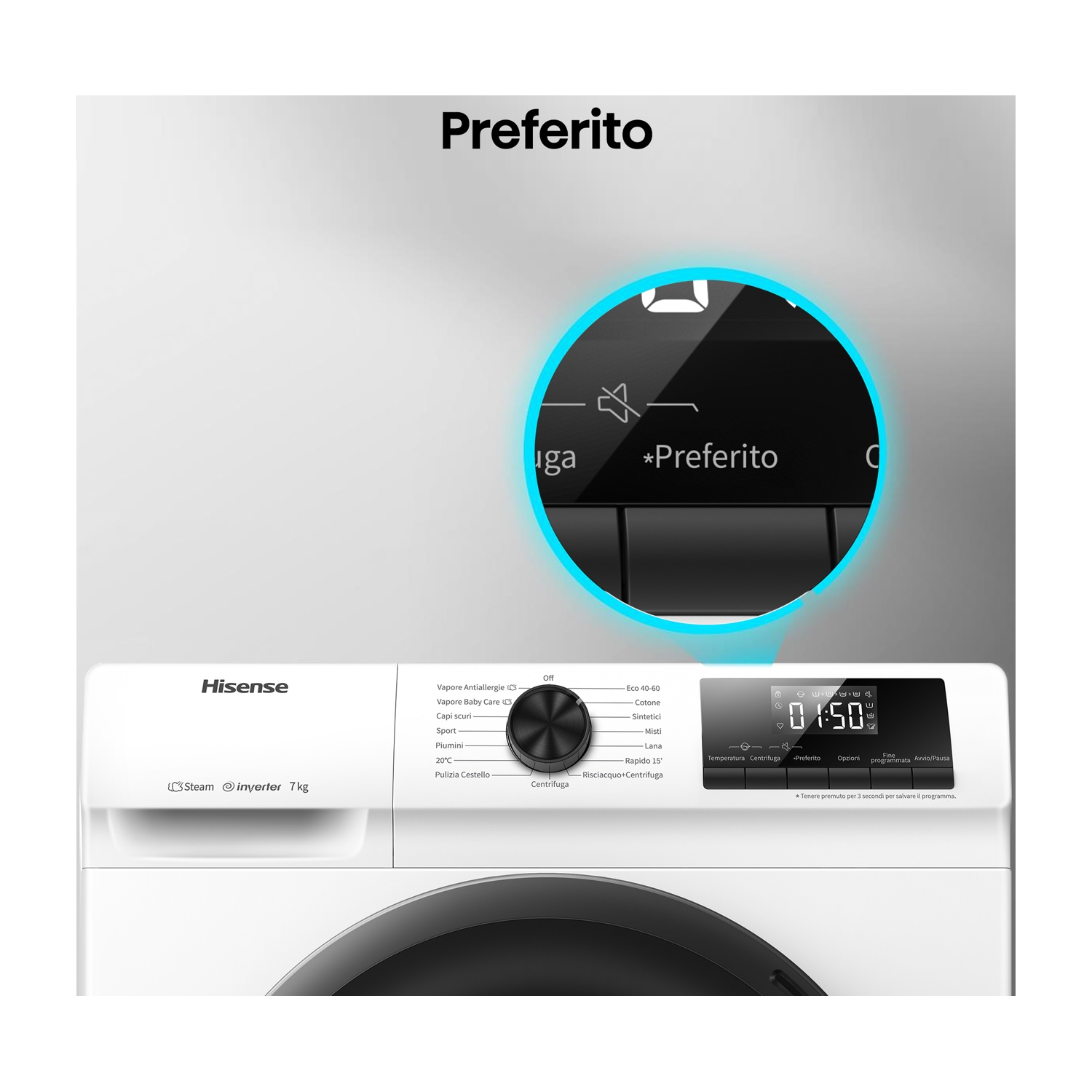 Display lavatrice con selezione programmi e orario. Logo Hisense.