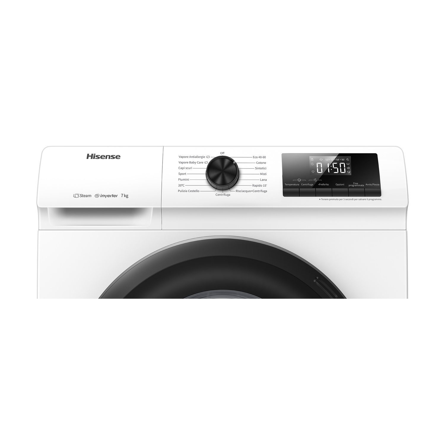 Una lavatrice Hisense bianca con display digitale e manopola selezione programmi.