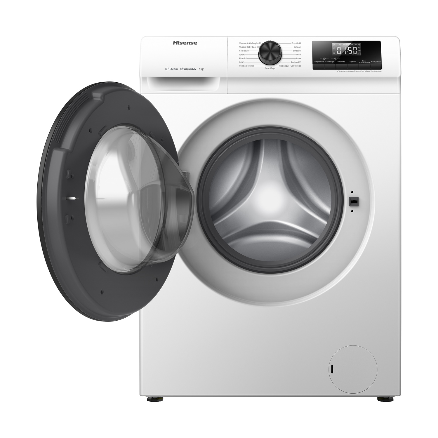 Una lavatrice Hisense bianca con oblò aperto e display digitale.