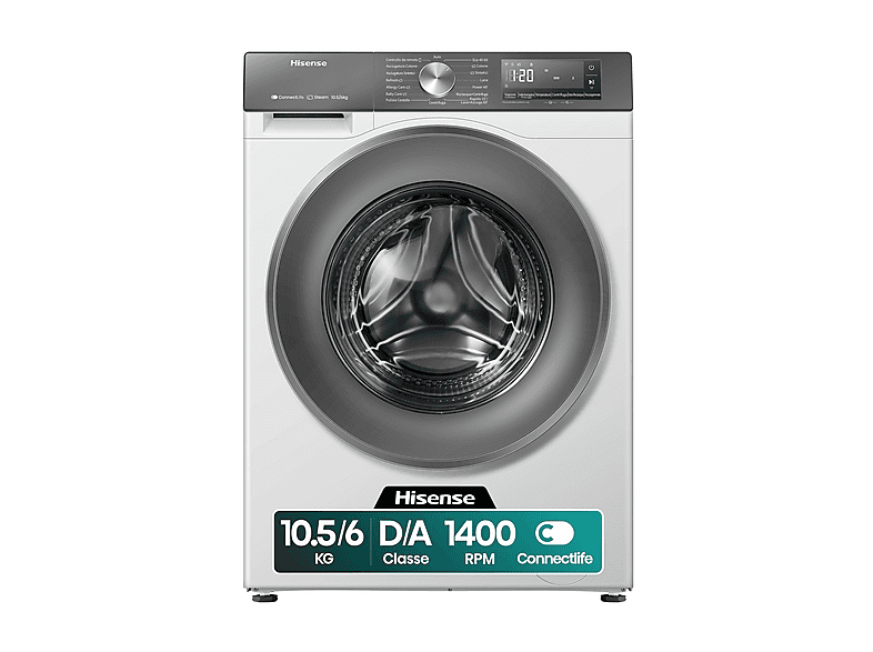 HISENSE WD3S1043BW7 LAVASCIUGA, Caricamento frontale, capacità lavaggio 10,5 kg, asciugatura 6 19 programmi, Profondità 59 cm, Giri 1400 rpm, Bianco/Silver, Classe D