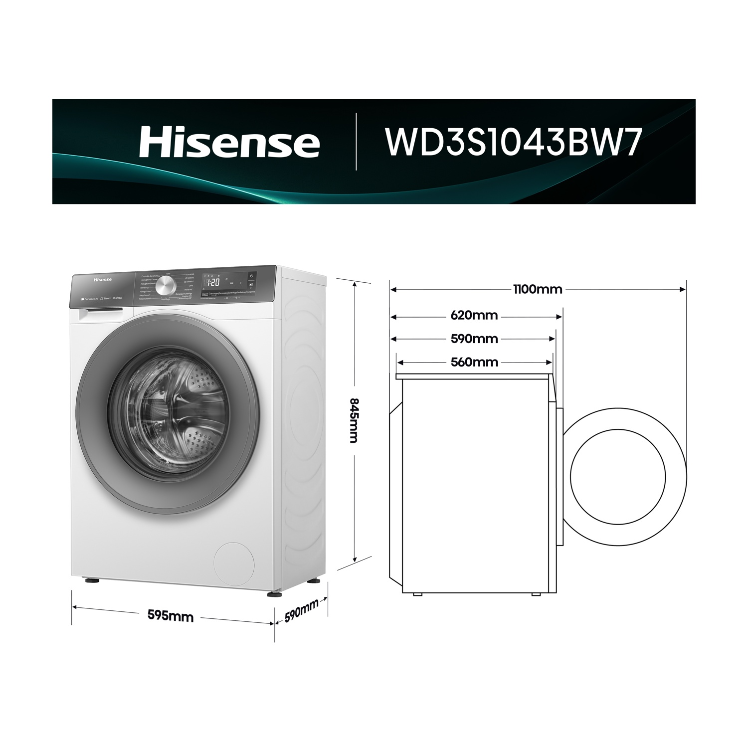 Lavatrice bianca con dimensioni: H845, L595, P590mm. Modello WD3S1043BW7.