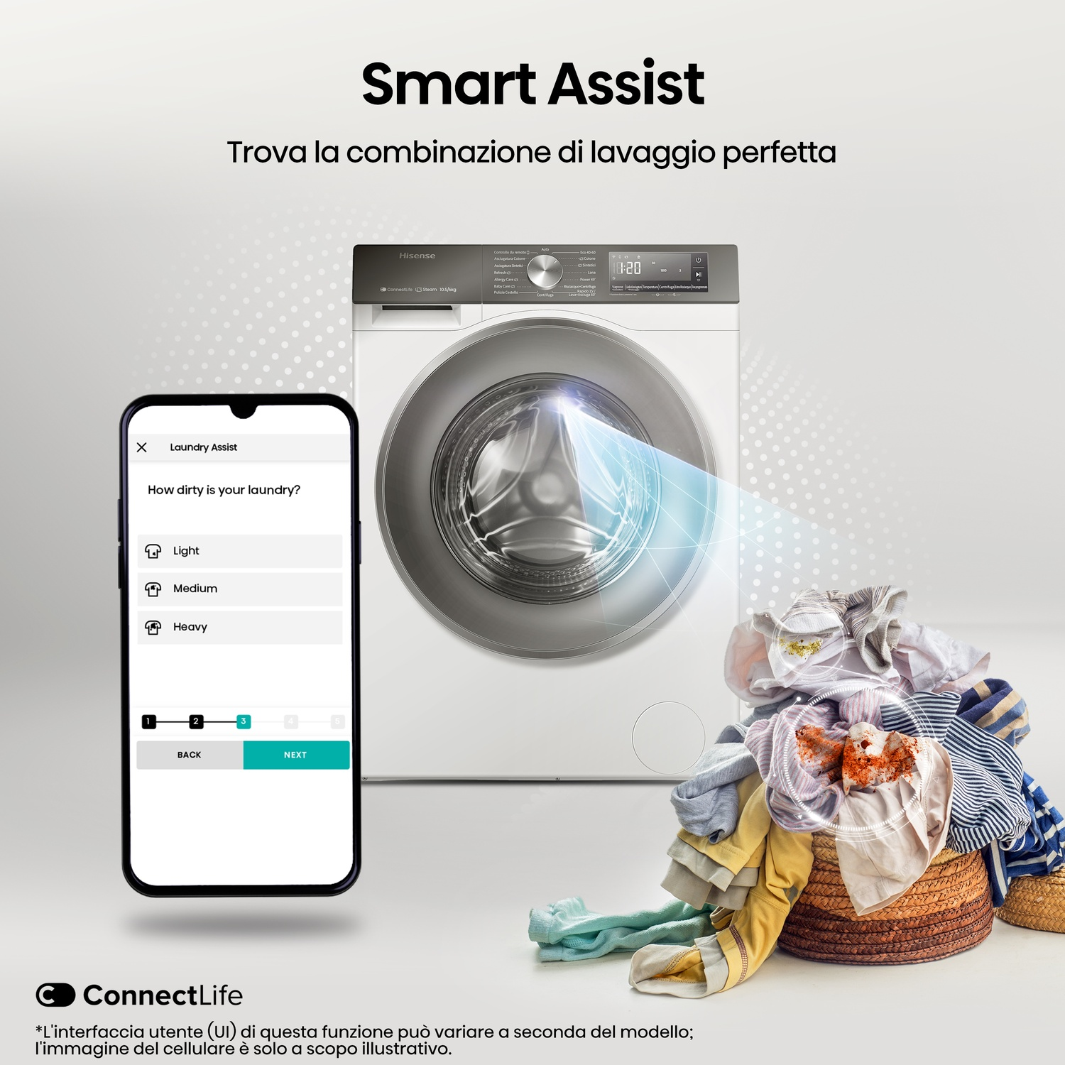 Lavatrice con app e cesto per bucato. L'app chiede quanto è sporco il bucato.