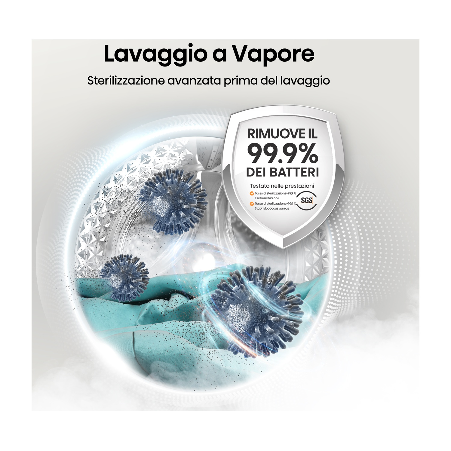 Lavaggio a vapore rimuove il 99,9% dei batteri dai vestiti. Illustrazione mostra virus rimossi dal bucato.