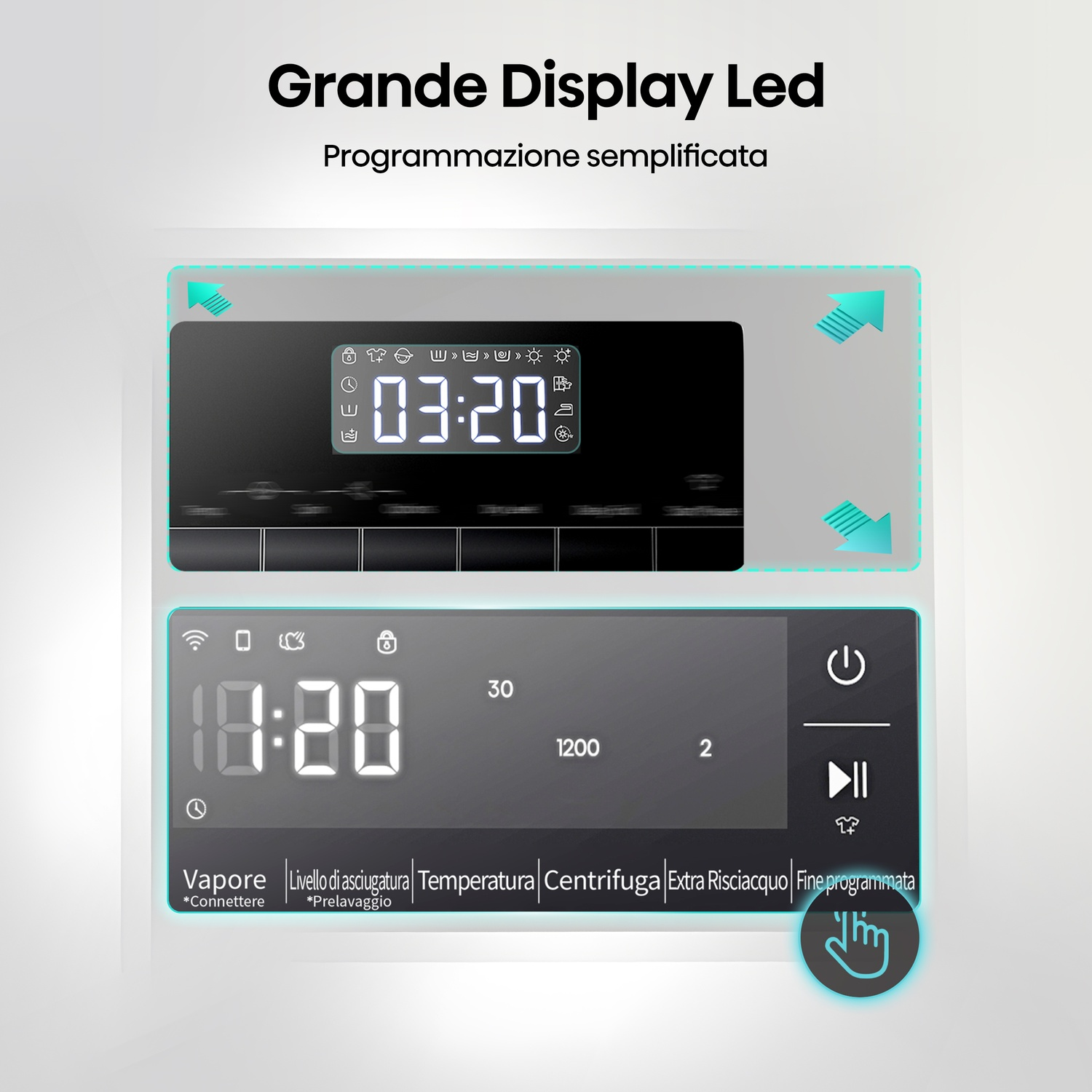 Pannello di controllo lavatrice con display LED. Mostra 03:20 e 18:20.