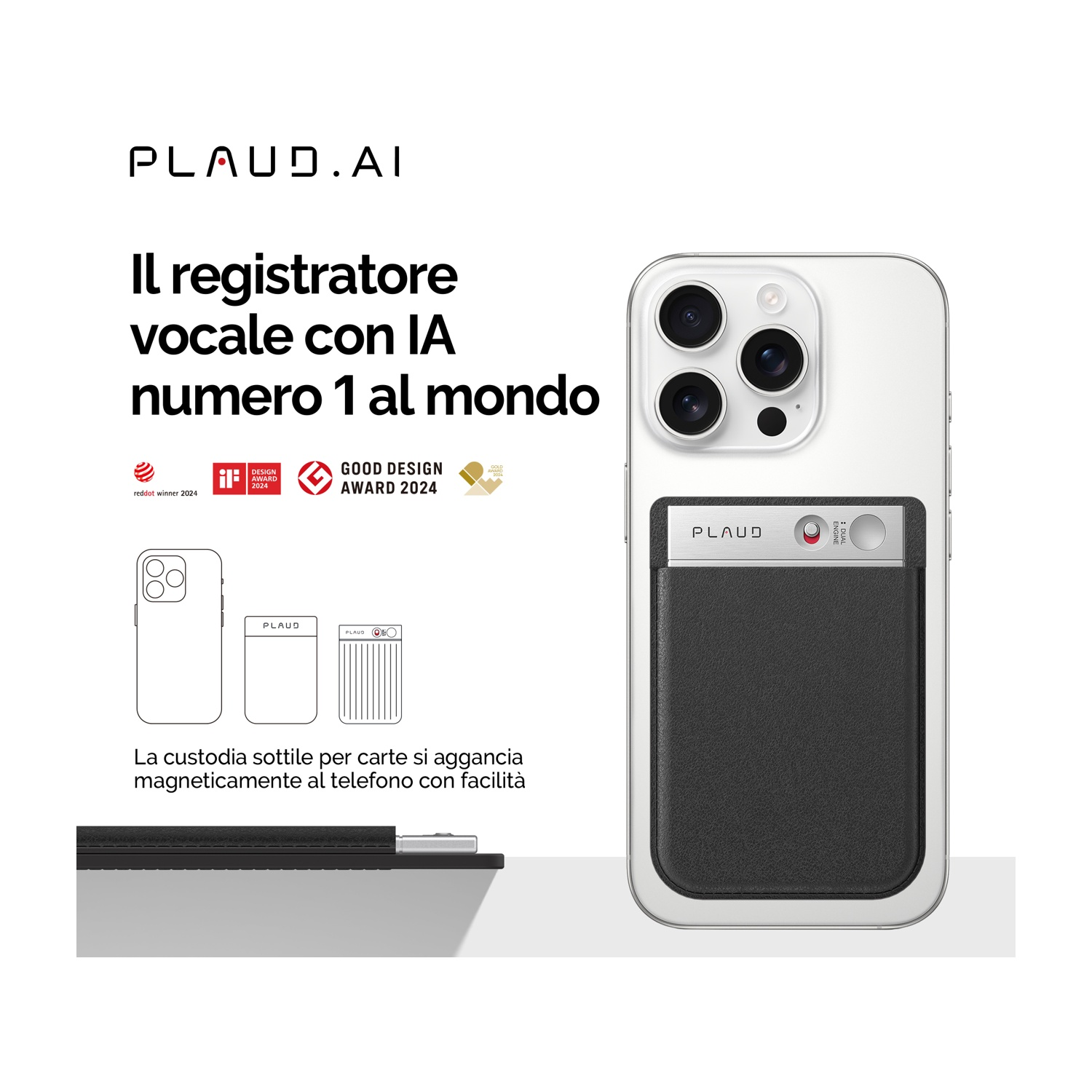 Uno smartphone con porta carte magnetico con logo PLAUD.AI.