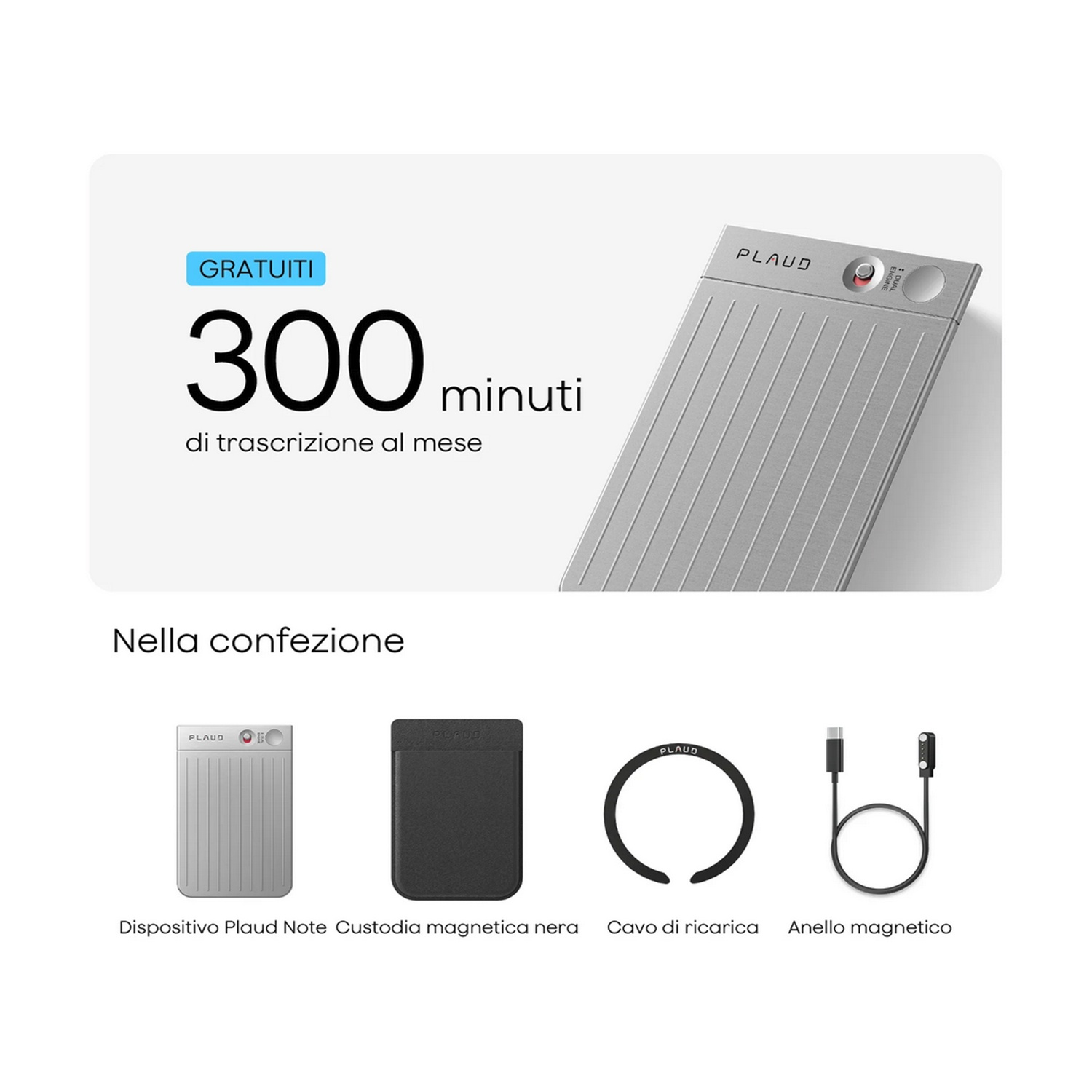 Dispositivo Plaud Note, custodia magnetica nera, cavo di ricarica, anello magnetico.