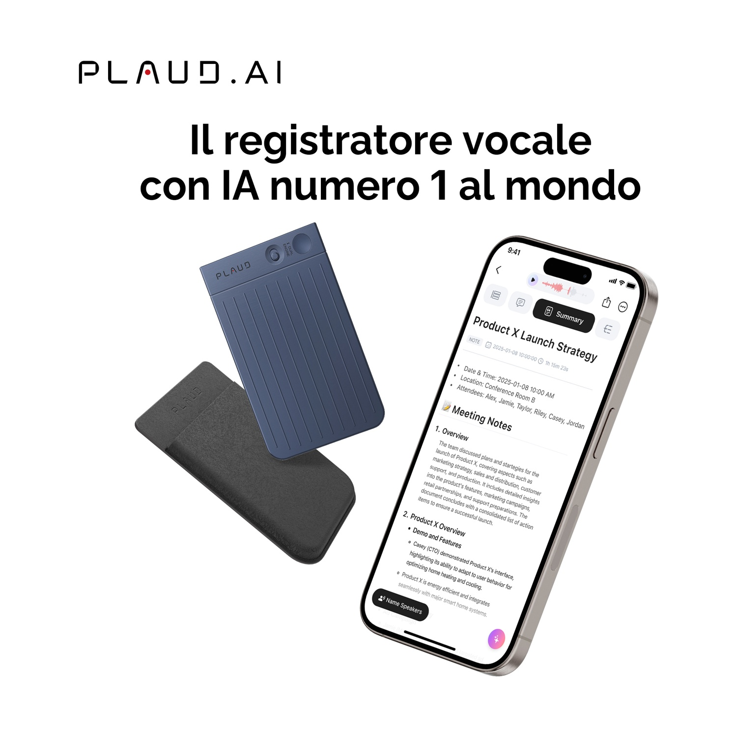 Uno smartphone mostra note di riunione per il lancio di un prodotto. Accanto ci sono custodie blu e nere.