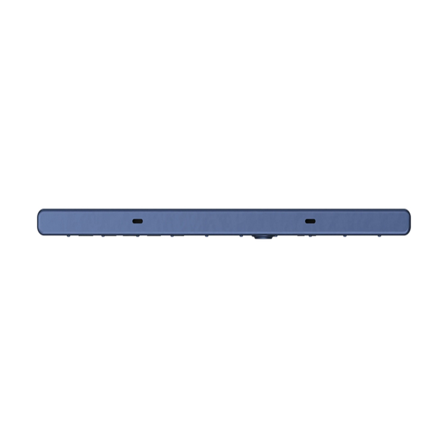 Un dispositivo elettronico sottile e blu che mostra porte e pulsanti sul lato.