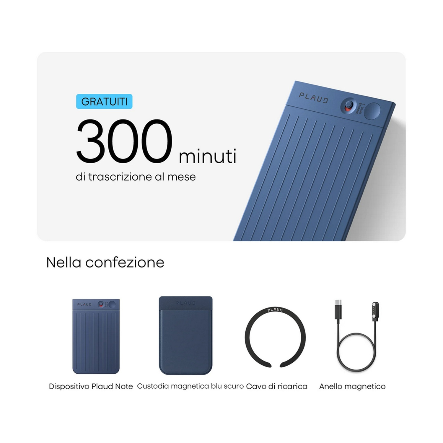 Dispositivo Plaud blu, custodia, cavo di ricarica e anello magnetico.