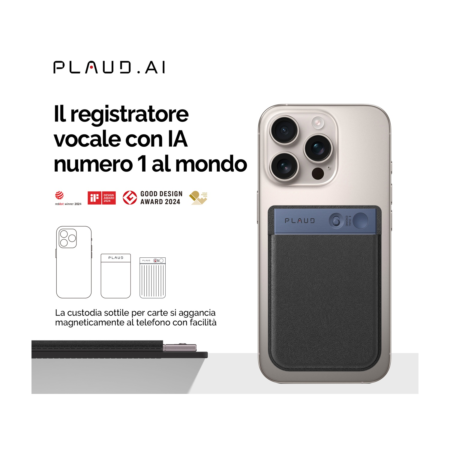 Un iPhone con un porta carte nero con il logo PLAUD.AI.