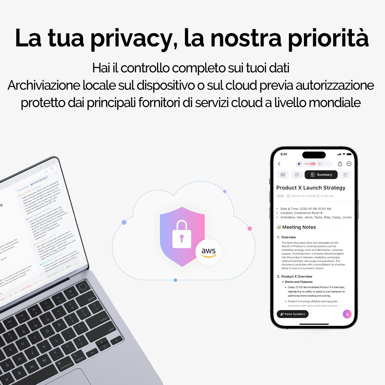 Un laptop mostra un'app note con verbali riunione. Accanto, icona scudo stilizzata. Focus privacy.