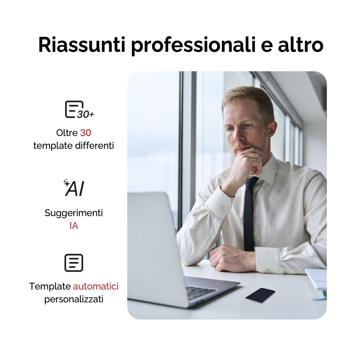 Uomo seduto alla scrivania, pensieroso. Riassunti professionali e altro.